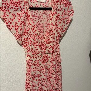 Lush Cream Midi Wrap Dress with Red Floral Print